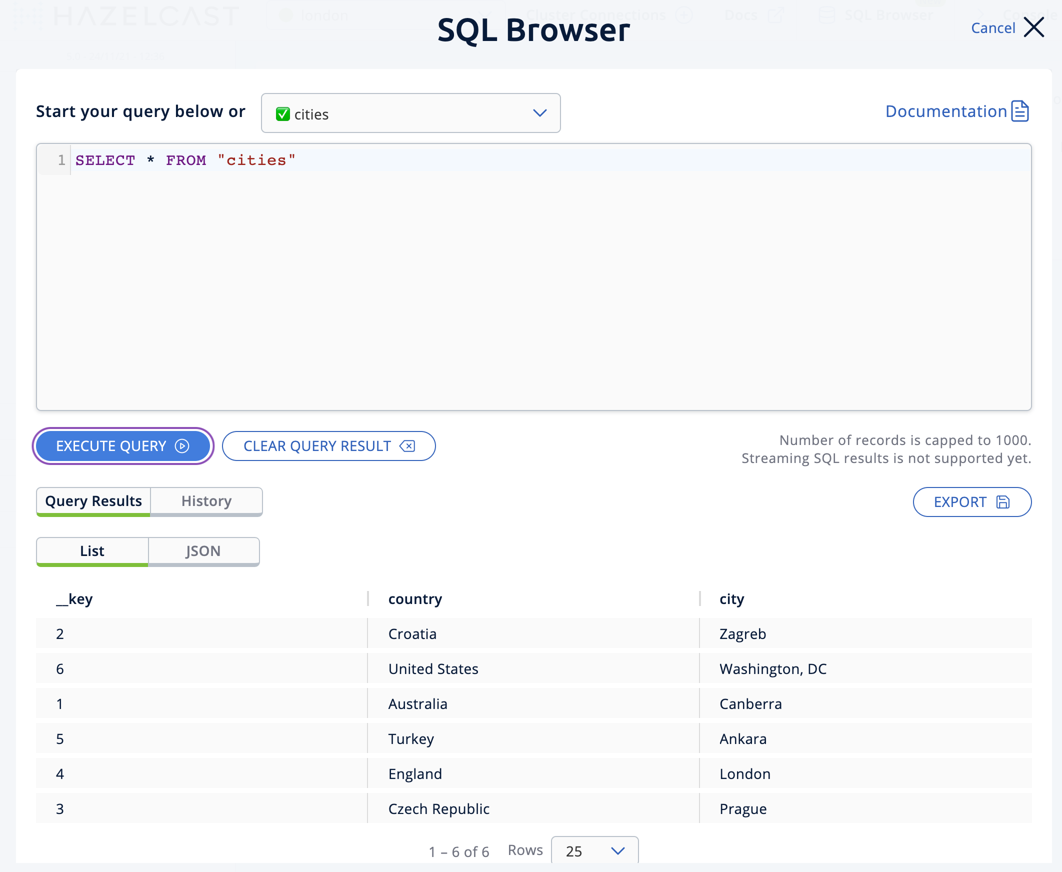 Management Center SQL Browser showing the map data