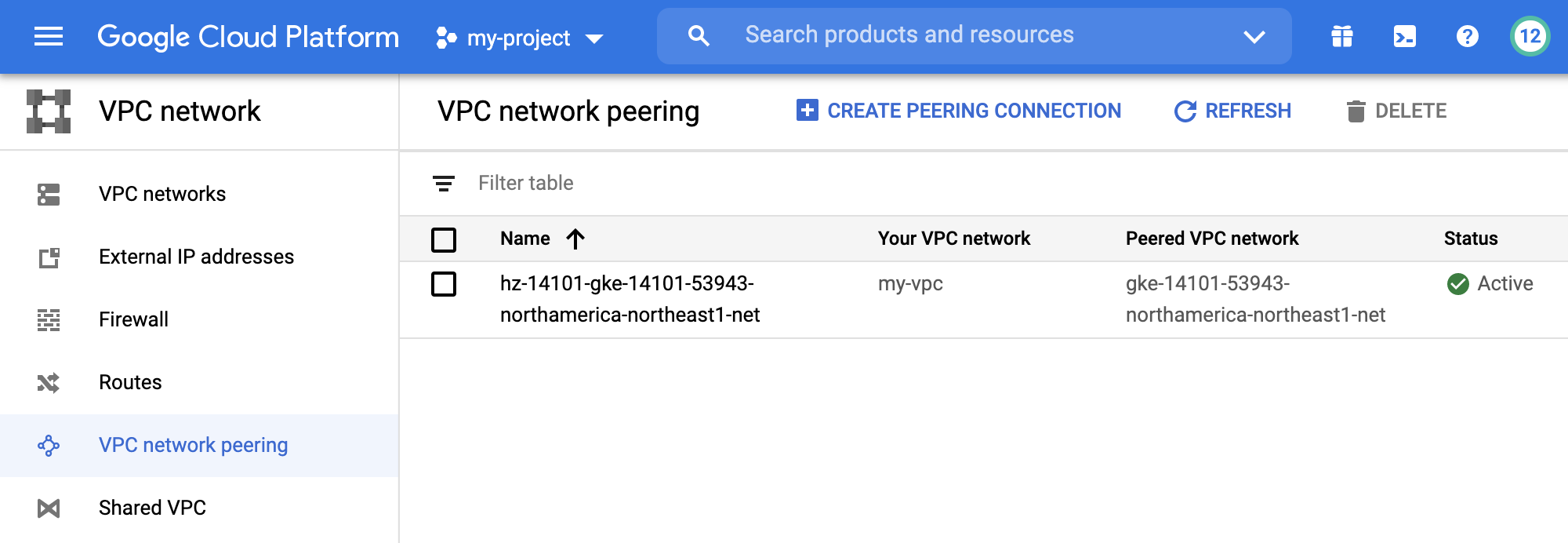 Check your peering connection on GCP
