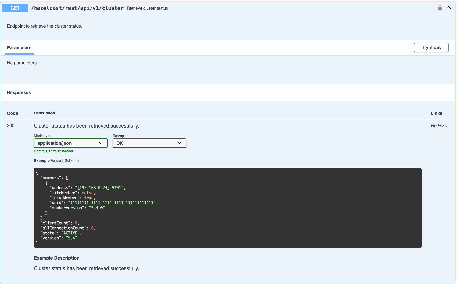 Example Swagger UI showing cluster endpoint