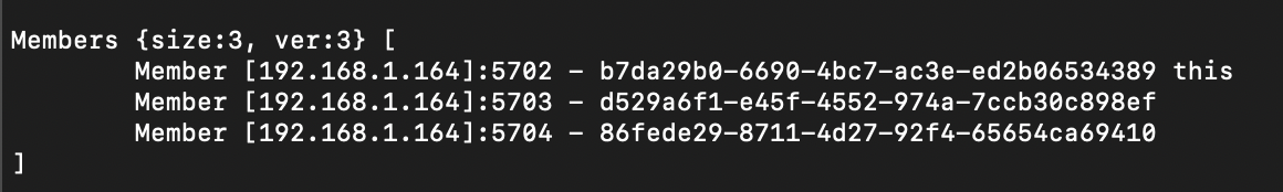 Console message displays three members connected to the same cluster