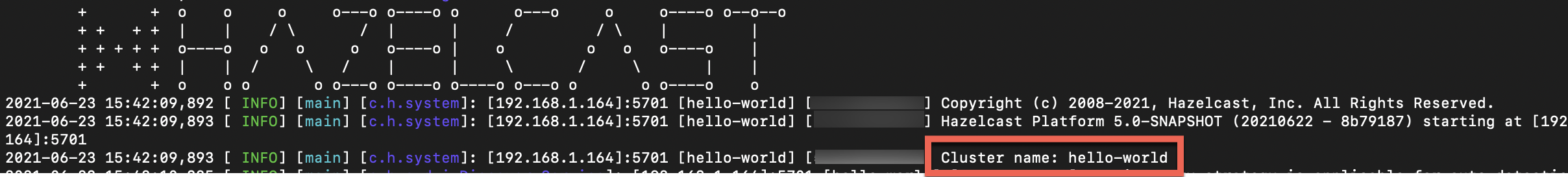 Platform console displays the cluster name 'hello-world'