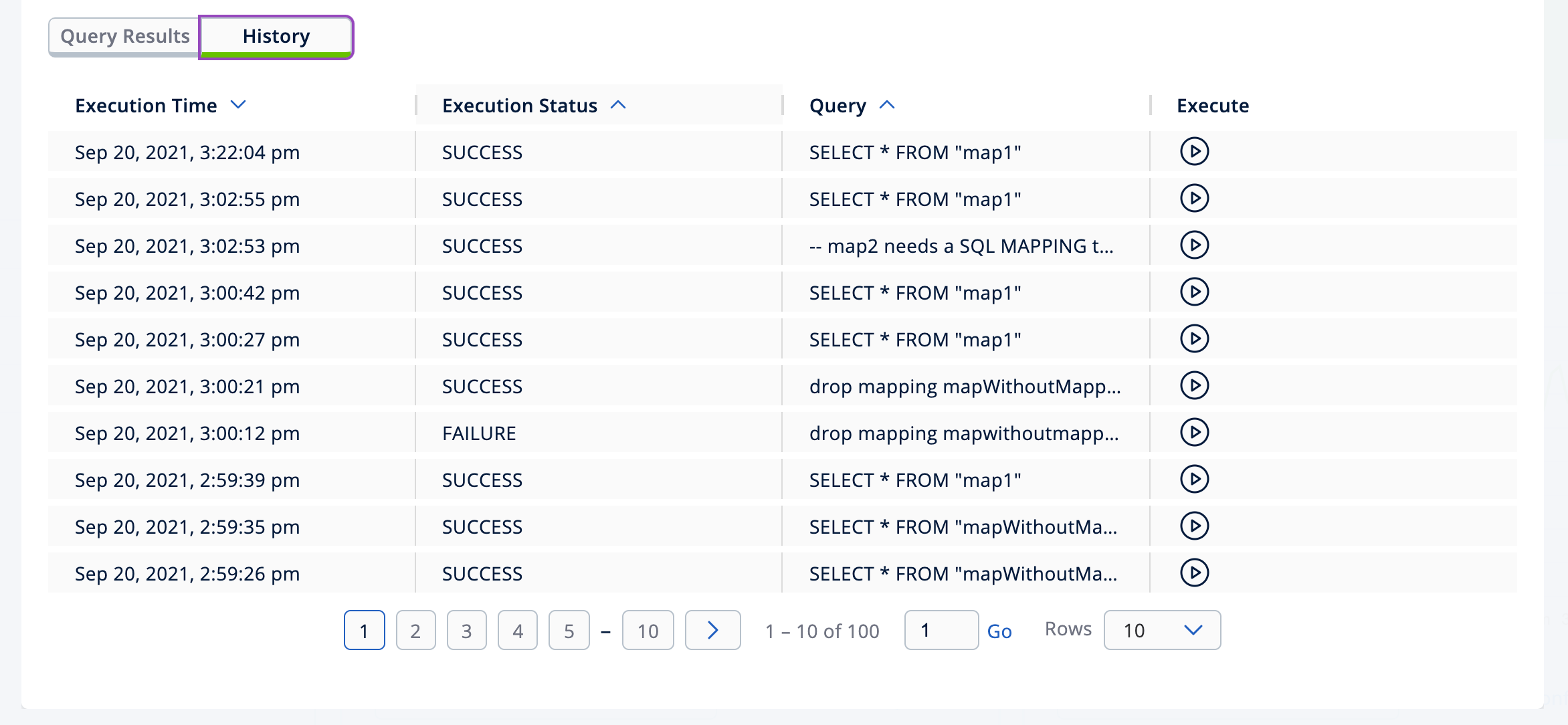 A history of executed queries