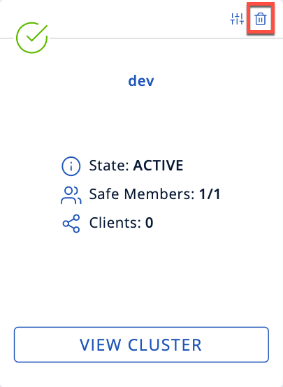 Trash icon above the name of a cluster called dev