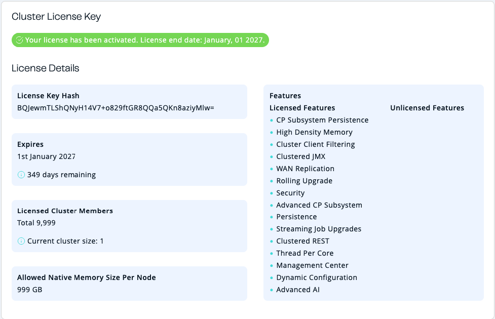 Cluster License page