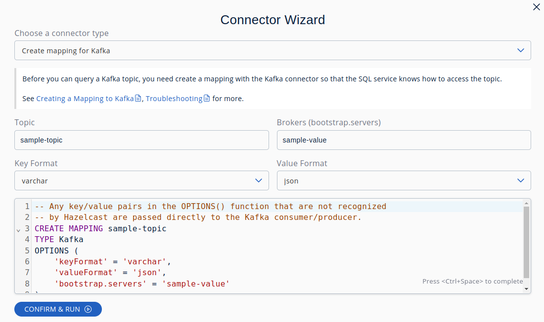 SQL Browser Connector Wizard Kafka