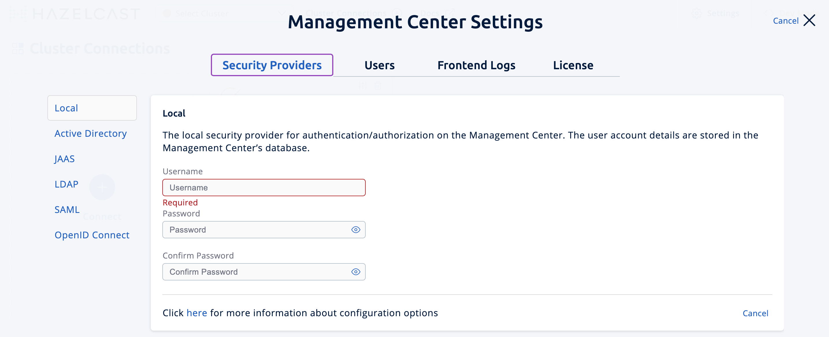 Security Providers tab in Management Center settings