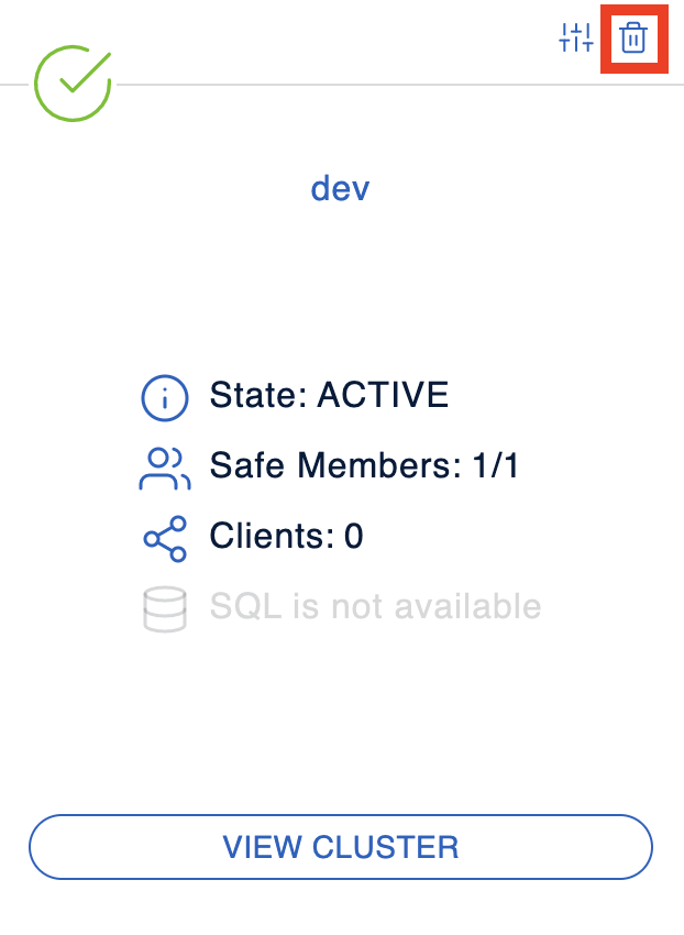Trash icon above the name of a cluster called dev