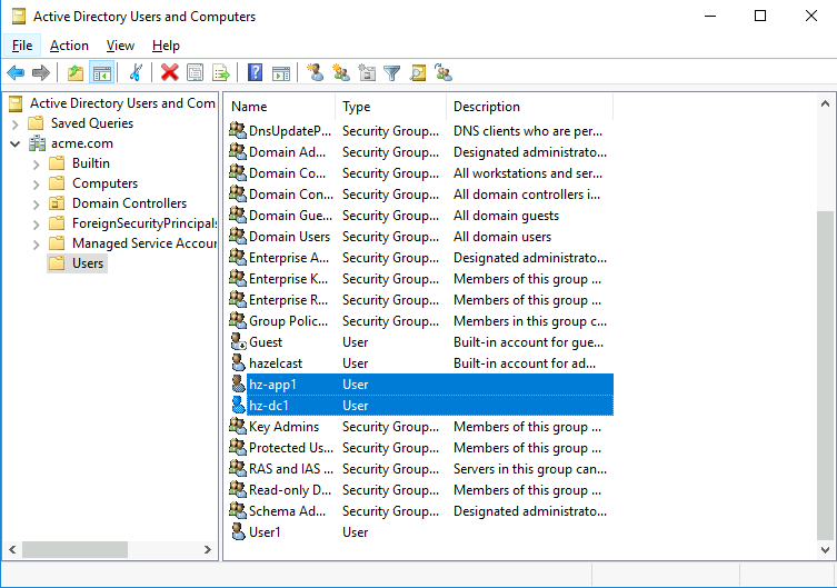 Users and groups in Active Directory.
