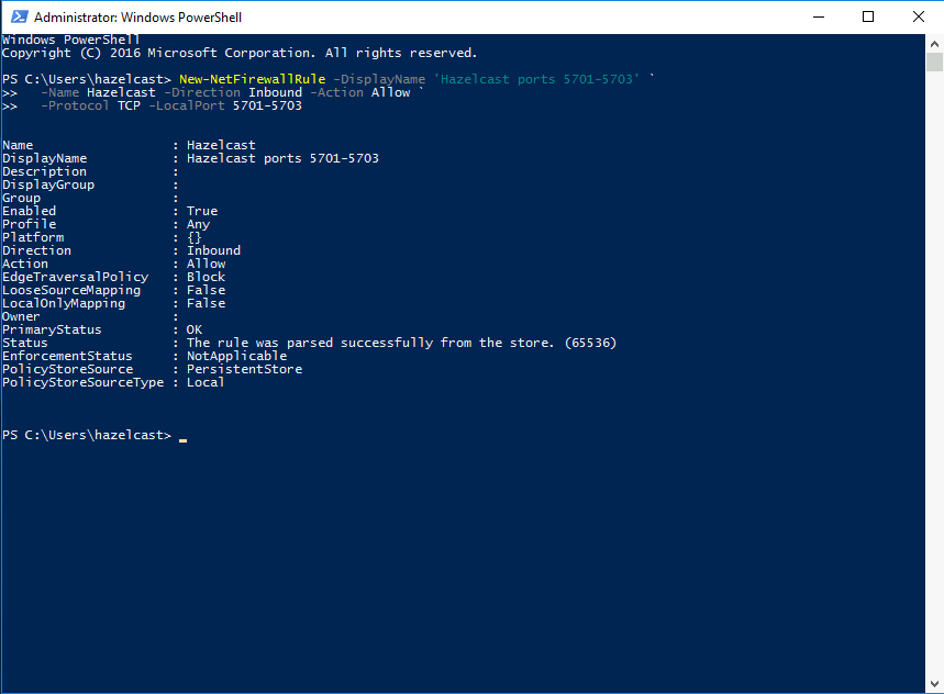 Adding firewall rule in a PowerShell window.