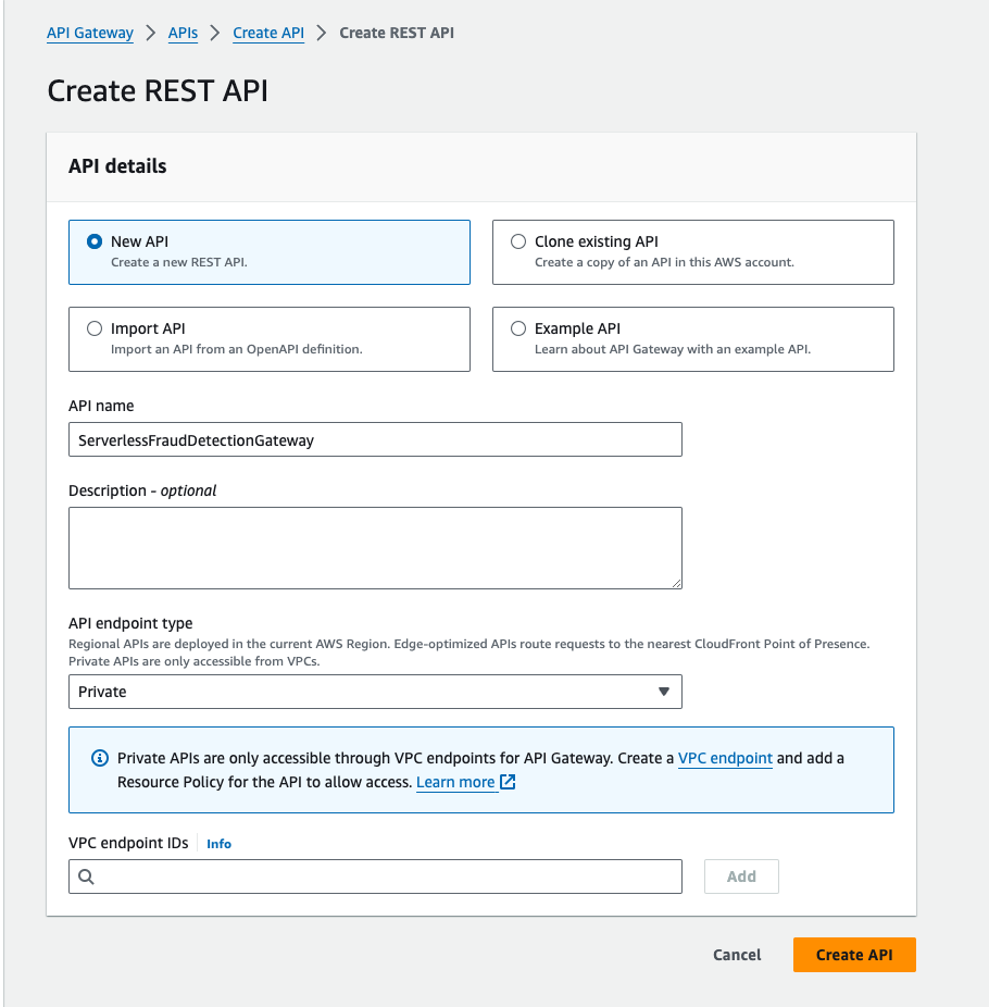 Form for creating a new API